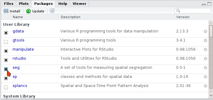 Screenshot of the lower right-hand "View" pane in R-Studio, with the "Packages" tab brought forward.